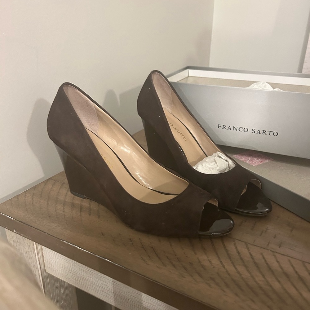Franco Sarto Dark Brown Peep-Toe Wedges